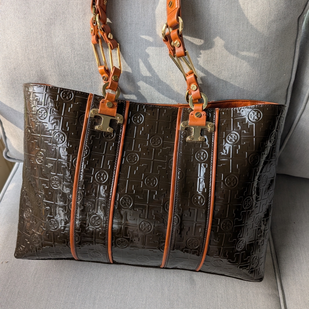 Tory Burch Glossy  Brown and Tan Embossed Tote